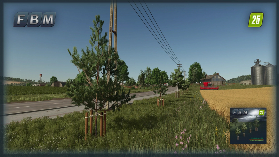 Young Trees mod in FS25 features newly planted trees along a rural road, enhancing the Farming Simulator 25 landscape.