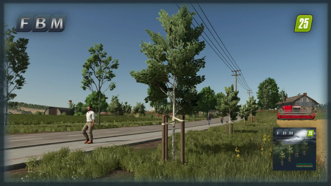 Young trees along a roadside in FS25 mod Young Trees v1.0.0.0, Farming Simulator 25.