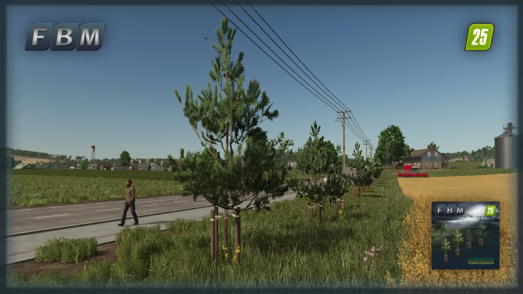 FS25 mod Young Trees v1.0.0.0 showing young trees along a rural road with a farm and harvester in the background.