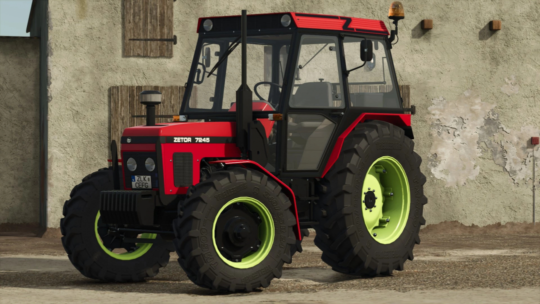 Zetor 7245 tractor mod in FS25, featuring lime green wheels and red body, parked in front of a rustic wall.