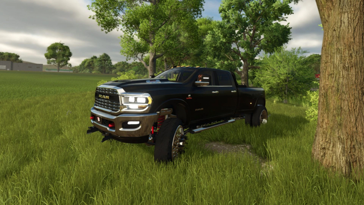 fs25-mods, 2024 Dodge Ram 3500 CrewCab mod in FS25, parked in a grassy field under trees.