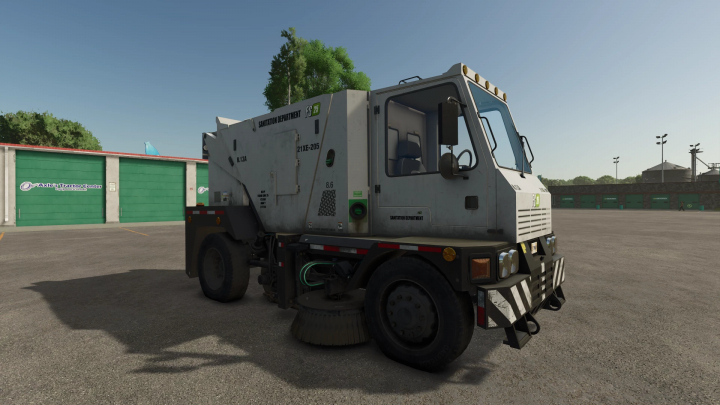 fs25-mods,  21XE205 Sweeper mod in FS25, showcasing a sanitation truck in a parking lot. FS25 mods for Farming Simulator 25.