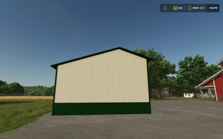 fs25-mods, 30x80 three-sided shed mod in FS25, shown in a scenic farm setting.