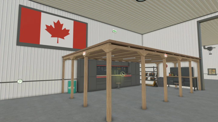 fs25-mods,  3 Stars Workshop mod in FS25 showing a garage interior with a Canadian flag and wooden workbench.