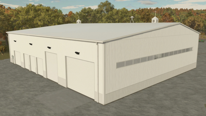 fs25-mods, FS25 mod American Midwest Maintenance Shop v1.0.0.0 with large white building and garage doors.