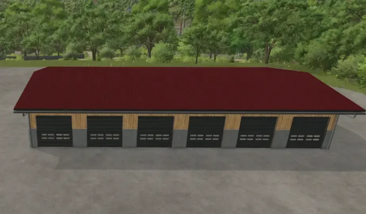 fs25-mods,  Large drive-through hall mod for FS25 with multiple garage doors, featuring a red roof and wooden exterior.