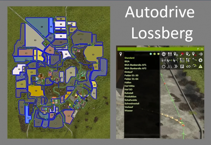 fs25-mods, Map of Autodrive route network Lossberg for FS25 mod, showing detailed fields and navigation paths.