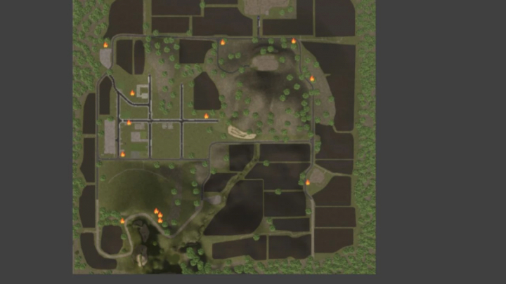 fs25-mods, Map layout of Bergschof mod v1.0.1.1 in Farming Simulator 25, showcasing fields, roads, and green areas.