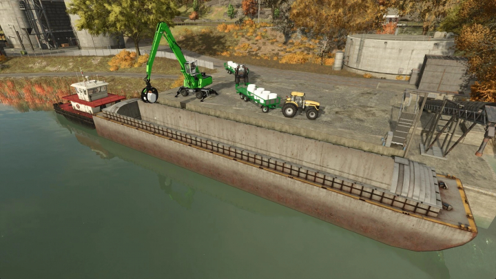 fs25-mods, Cargo Ship mod in FS25 with loading equipment and vehicles on dock.