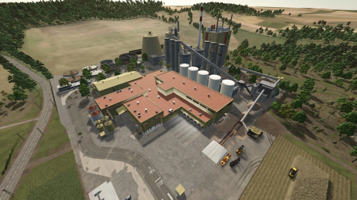 fs25-mods,  Overhead view of a cellulose factory in FS25 mod, featuring industrial buildings surrounded by trees and landscape.