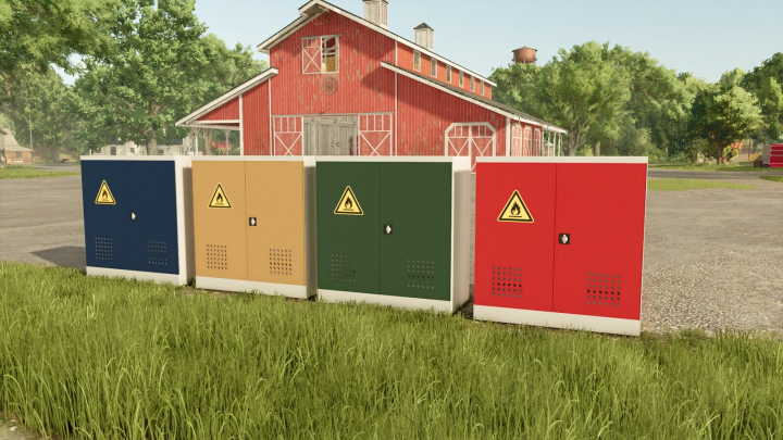 fs25-mods,  FS25 mod image: Four colorful chemical cabinets outside a red barn in Farming Simulator 25.