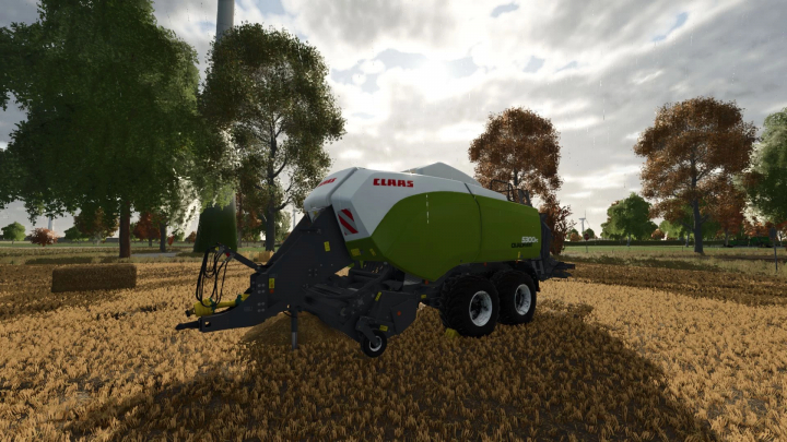 fs25-mods, FS25 mod Claas Quadrant 5300PC baler on a field with trees, enhancing Farming Simulator 25 experience.