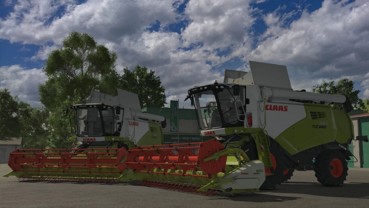 fs25-mods,  FS25 mod Claas Tucano 300-400 pack featuring two advanced harvesters under a cloudy sky.