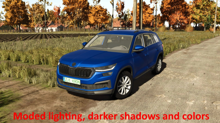 fs25-mods,  FS25 mod showcasing a blue SUV with darker shadows and enhanced colors on a rural road.