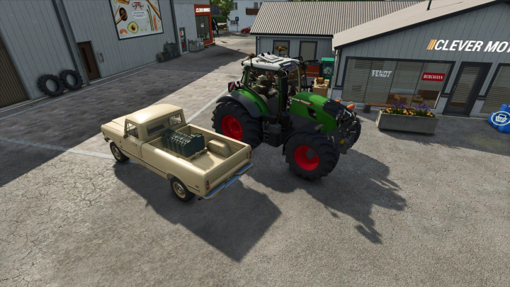 fs25-mods,  FS25 mod Diesel Pallet v1.0.0.0 with a tractor and pickup at a workshop in Farming Simulator 25.