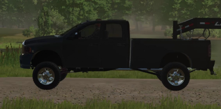 fs25-mods, Dodge 3500 Mod for FS25, showing a black pickup truck with oversized tires on a dirt path in Farming Simulator 25.