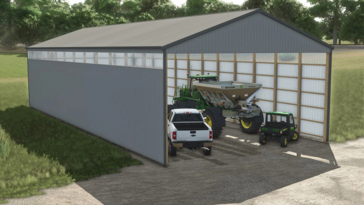 fs25-mods,  FS25 40x97 Open End Shed mod with vehicles inside on a farm