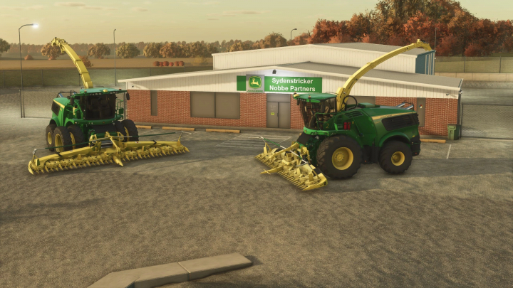 fs25-mods, FS25 mods: Two John Deere 9000 series harvesters outside a farm building in Farming Simulator 25.