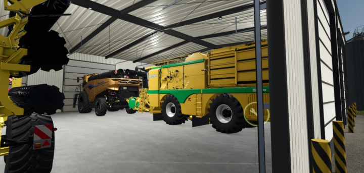 fs25-mods,  Interior of a modern shed in FS25, showcasing large farming equipment. FS25 mods enhance Farming Simulator 25 experiences.