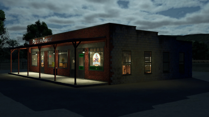 fs25-mods, Exterior of PJ's Place mod in FS25, showcasing a night view of a brick building with lit signage.