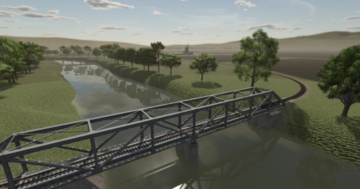 fs25-mods,  Scenic view of a bridge over a river in FS25 US Flatlands 4X v4.3 mod for Farming Simulator 25.