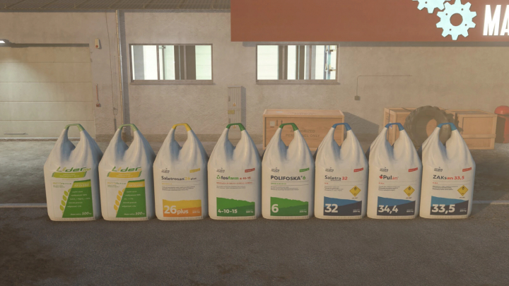 fs25-mods,  FS25 Fertilizer And Lime Big Bags Pack v1.0.0.0 showing various labeled bags in a warehouse.