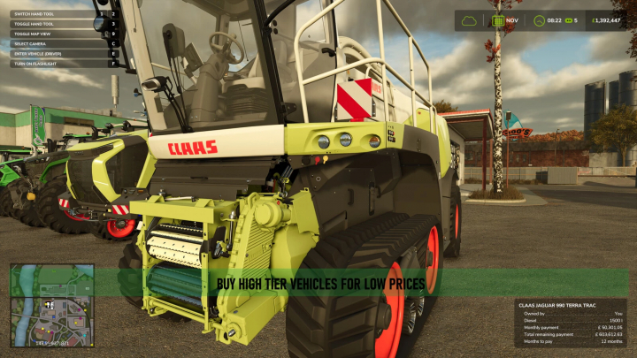 fs25-mods, FS25 mods: Claas Jaguar 990 Terra Trac showcased in Farming Simulator 25 near a petrol station.