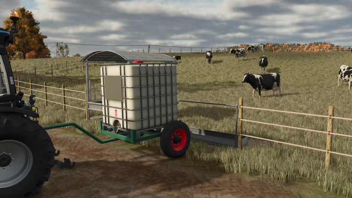 fs25-mods,  FS25 mod: Homemade Liquid Tank v1.0.0.0 in a field with cows, attached to a tractor.