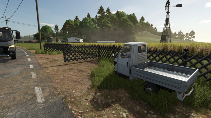 fs25-mods,  Hunter Fence mod in FS25 showcases a rural scene with a wooden fence and utility vehicle.