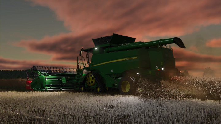 fs25-mods, John Deere T-Series with 600X Headers in FS25 mod, harvesting at sunset.