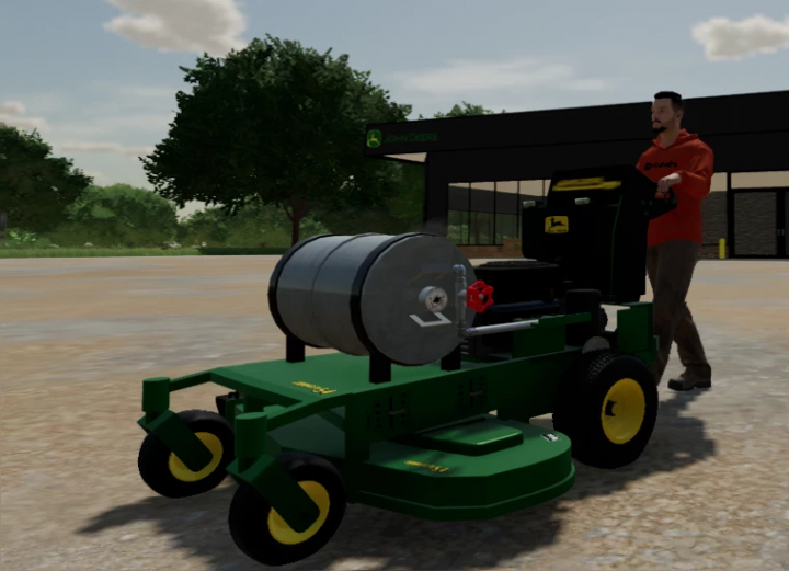 fs25-mods, FS25 mod showing a John Deere Walk Behind Mower near a building, featuring detailed farming equipment.