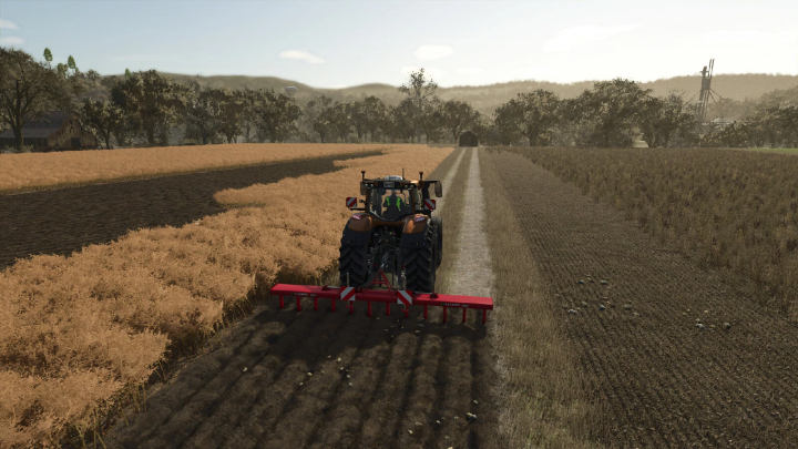 fs25-mods,  LIZARD 6M mod in FS25 showcasing a tractor plowing a field on a farm landscape.