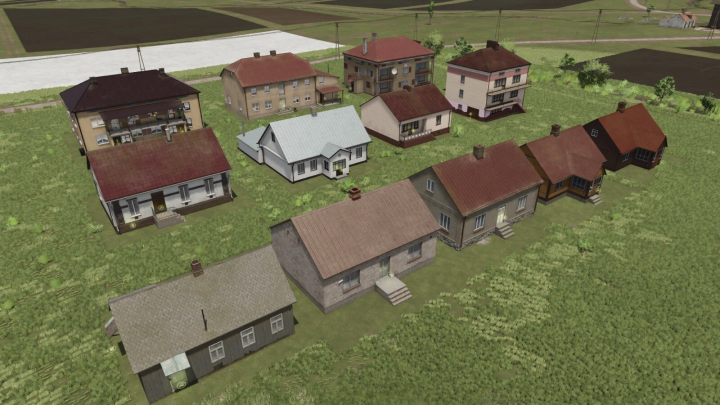 fs25-mods, Various houses from the Large Package Of Houses mod in FS25 displayed on a grassy landscape.