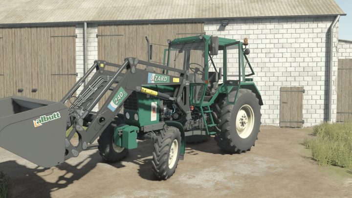 fs25-mods,  FS25 mod MTZ-82 NAREW tractor with front loader in front of a barn.