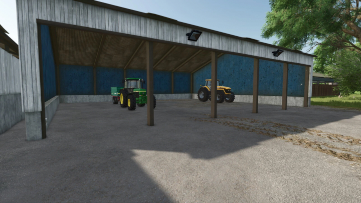 fs25-mods, FS25 mod Machinery Garage v1.0.0.0 with two tractors inside, showcasing Farming Simulator 25 gameplay.