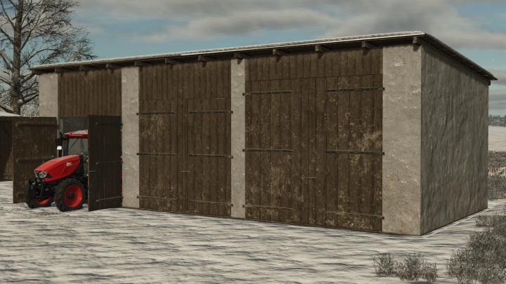 fs25-mods, Medium Garage mod for FS25, showing a wooden structure with a partially opened door, revealing a red tractor inside.