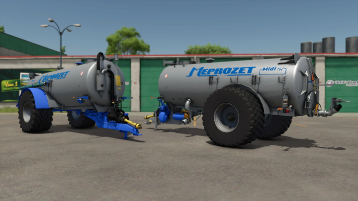 fs25-mods, FS25 mod Meprozet PN-100 v1.0.0.0 featuring two grey water tankers with blue accents in Farming Simulator 25.