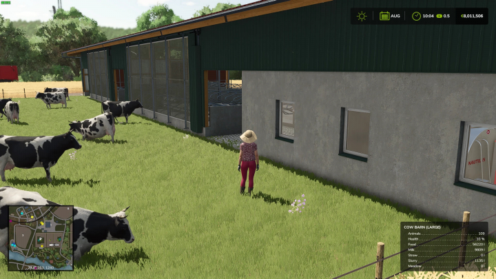 fs25-mods, FS25 mods: A player inspects a cow barn in Farming Simulator 25's 'More Milk' mod, surrounded by grazing cows.