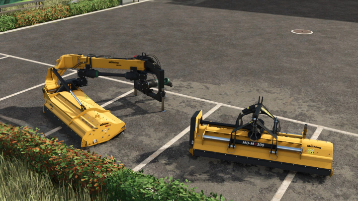 fs25-mods, Müthing Mulcher Pack v1.0.0.0 in FS25 mods, showcasing two yellow mulchers in a parking area.