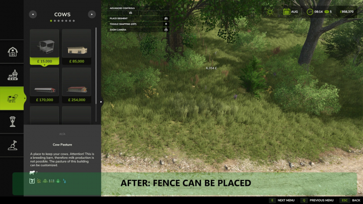 fs25-mods, FS25 mod No Restricted Fences allows fence placement in cow pasture view.