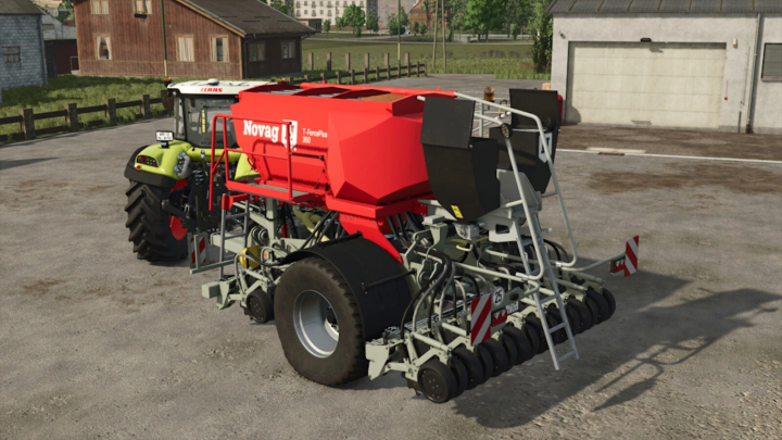 fs25-mods,  FS25 mod Novag T-Force Plus 350 v1.0.0.0, showcasing a red seeder attached to a tractor in Farming Simulator 25.