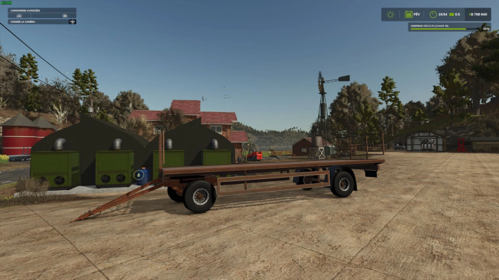 fs25-mods, Old bale flatbed trailer mod in FS25 farm setting, showcasing detailed farm equipment.