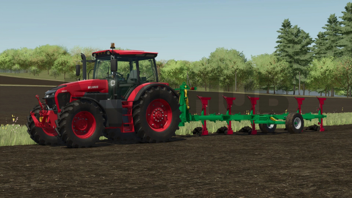 fs25-mods,  FS25 mod PPO4+1 v1.0.0.0 showing a tractor pulling a plow on a farm field, with trees in the background.