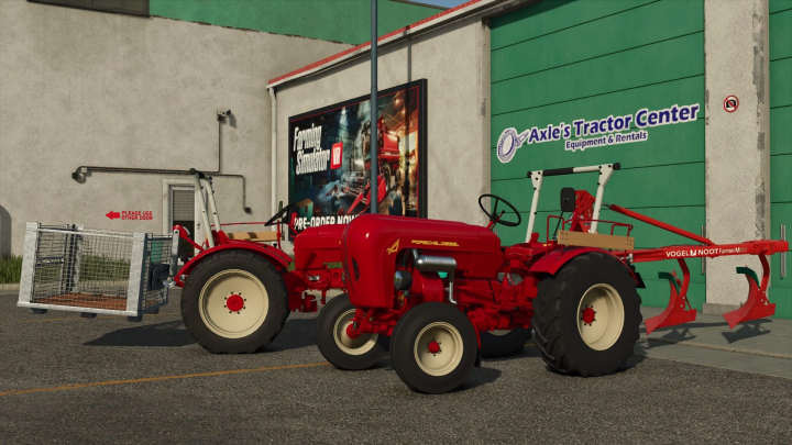 fs25-mods,  FS25 mod Porsche Junior tractor parked at Axle's Tractor Center in Farming Simulator 25.