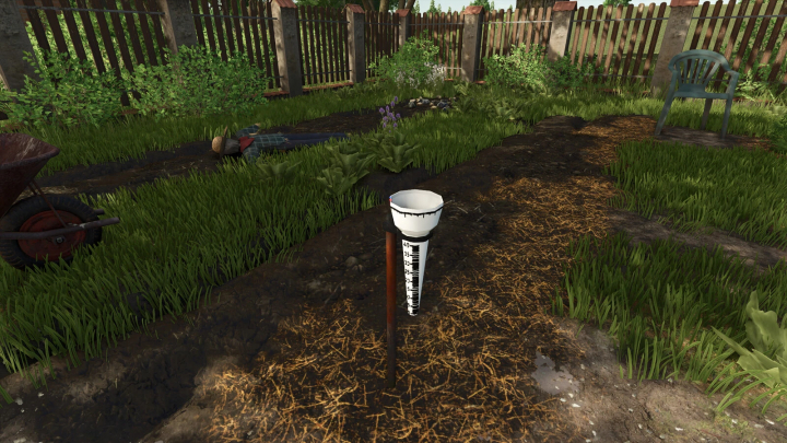 fs25-mods,  Rain Gauge mod in a garden for Farming Simulator 25, enhancing weather realism with FS25 mods.