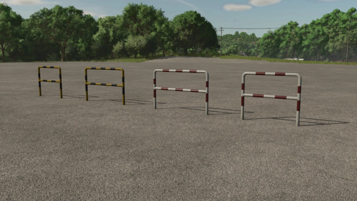 fs25-mods,  FS25 mods Road Barriers Pack v1.0.0.0 showing four road barriers in a rural area.