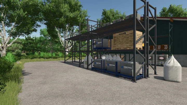 fs25-mods, Farming Simulator 25 Shelf Storage Pack mod featuring metal shelves and agricultural bags in a green farm setting.