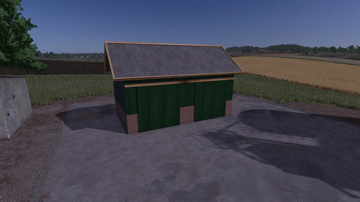 fs25-mods, Shelter mod in FS25 showcasing a green barn with a metal roof in a rural setting.