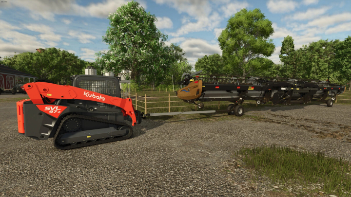 fs25-mods, FS25 mod showing a skid steer with bumper hitch adapter pulling equipment in a farm setting.