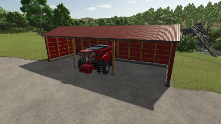 fs25-mods,  Small Machine And Bale Shed mod in Farming Simulator 25 featuring a red barn with a tractor inside.